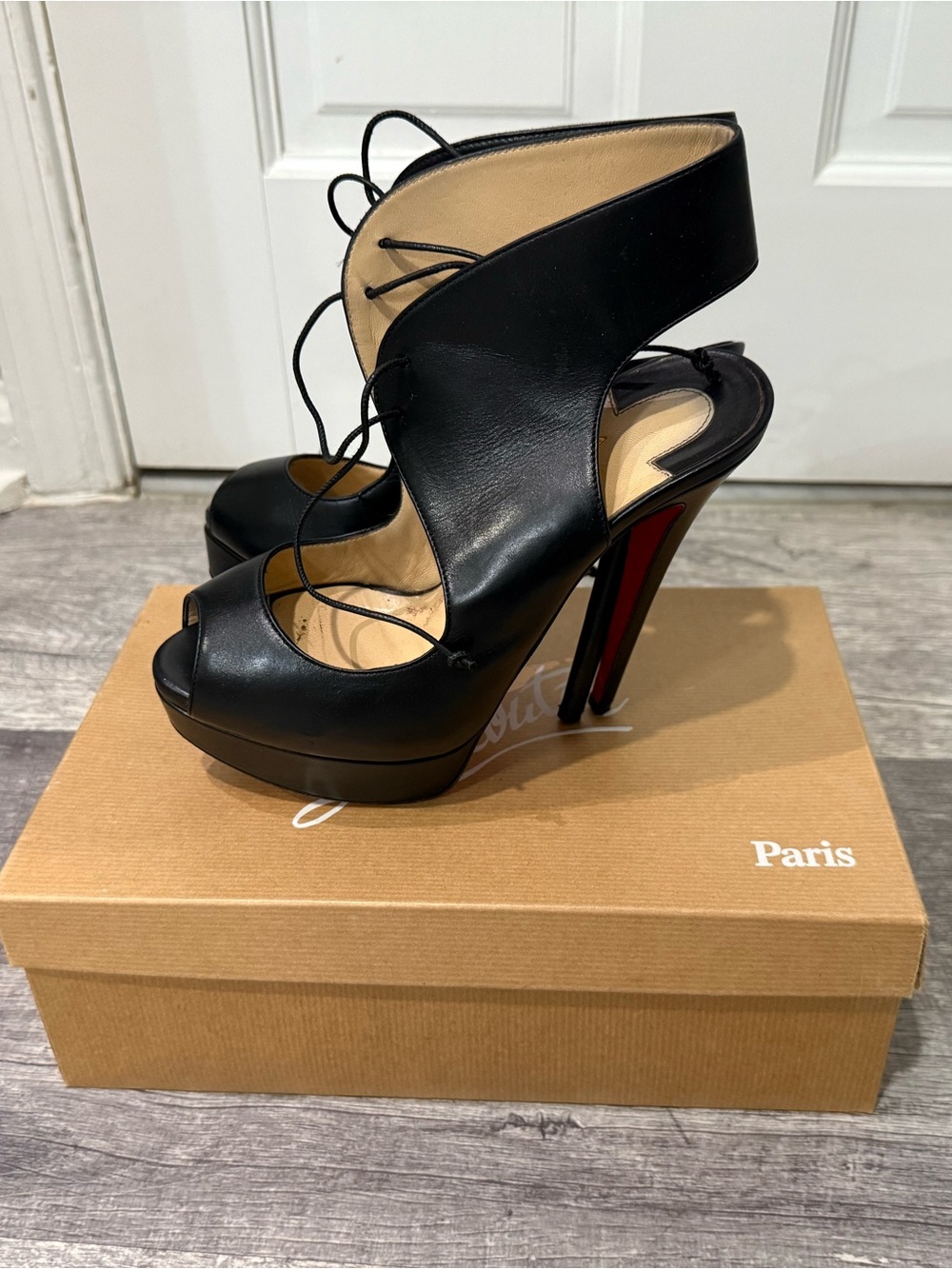 Christian Louboutin Black Leather Lace-Up Peep Toe Platform Heels